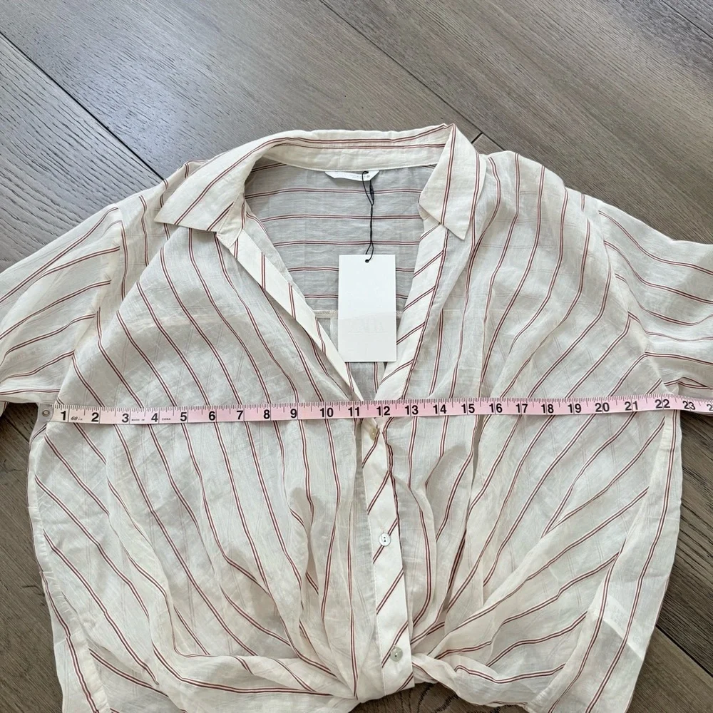 NWT Zara Cream and Red Striped Sheer Top Knotted Hem Medium - Picture 11 of 12